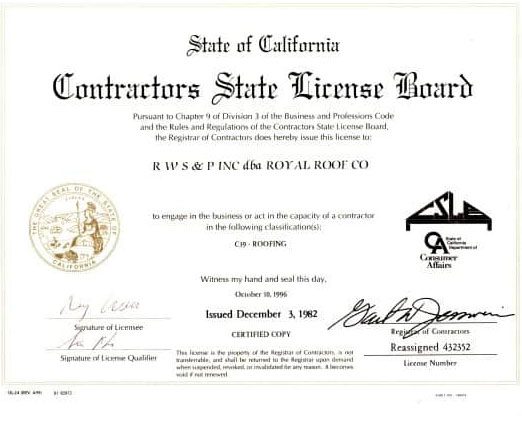 A California Contractors State License Board certificate issued to Royal Roof Co for roofing, dated December 5, 1982, with official signatures and seal.