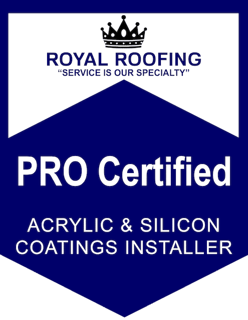 A blue and white badge reads "ROYAL ROOFING 'SERVICE IS OUR SPECIALTY' PRO Certified COMPOSITION SHINGLES INSTALLER" with a crown icon at the top.