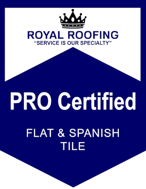 A blue and white badge reads "ROYAL ROOFING 'SERVICE IS OUR SPECIALTY' PRO Certified COMPOSITION SHINGLES INSTALLER" with a crown icon at the top.