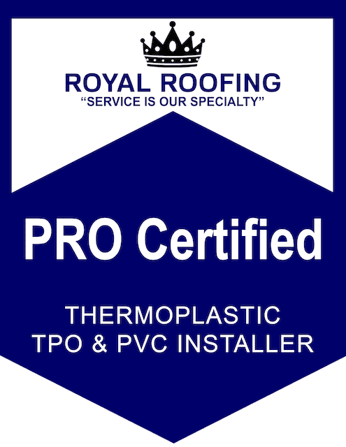 A blue and white badge reads "ROYAL ROOFING 'SERVICE IS OUR SPECIALTY' PRO Certified COMPOSITION SHINGLES INSTALLER" with a crown icon at the top.