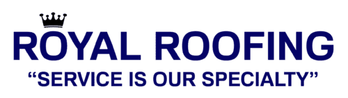 Logo for Royal Roofing with a small crown graphic above the word "Royal" and the slogan "Service is Our Specialty" in quotation marks below.