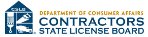 Logo of the California Department of Consumer Affairs Contractors State License Board, featuring icons of a house, paint brush, hammer, saw, and California map.