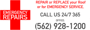 Red cross graphic with "EMERGENCY REPAIRS" text, and contact info for 24/7 roof repair: (562) 928-1200. Text emphasizes repair, replacement, and emergency service.