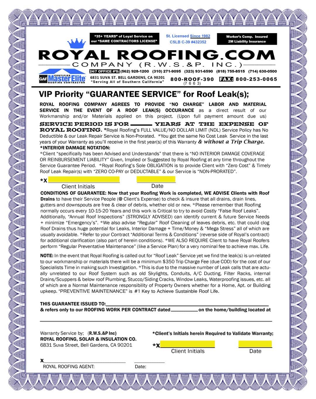 A roofing service contract titled "VIP Priority 'Guarantee Service' for Roof Leak(s)" with sections for client information, warranty details, and signature initials.