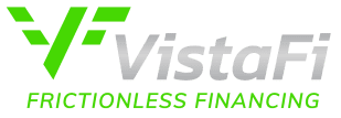 Logo with a green stylized "V" and the text "VistaFi" in gray. Below, the phrase "Frictionless Financing" appears in green capital letters.