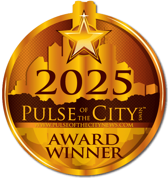A gold and orange medal graphic reads “2025 Pulse of the City News Award Winner” with a city skyline and star at the top.
