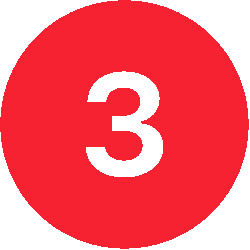 Red circular icon with the number three in white, representing step one, ranking, or a first position indicator.