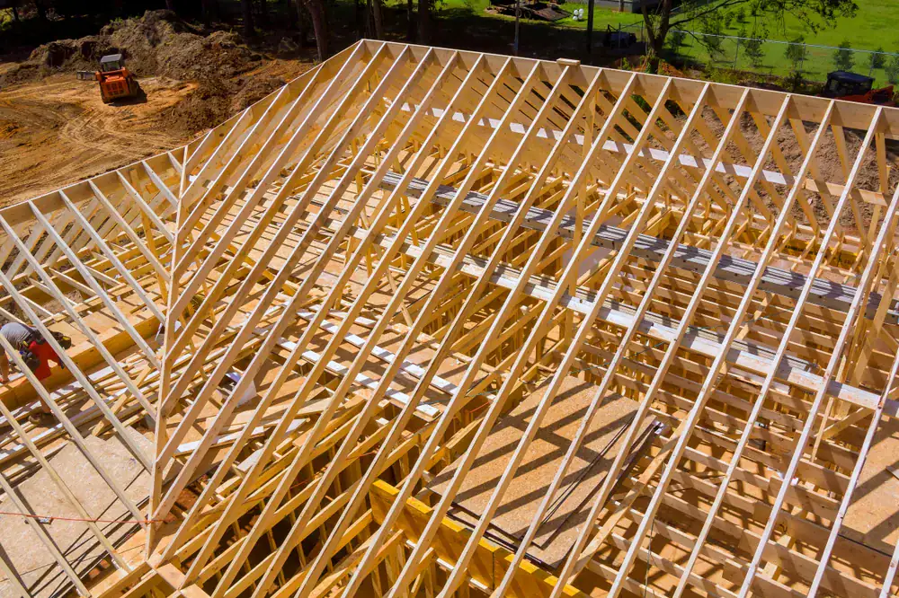 Roof framing under construction in Acton, CA for a commercial building.