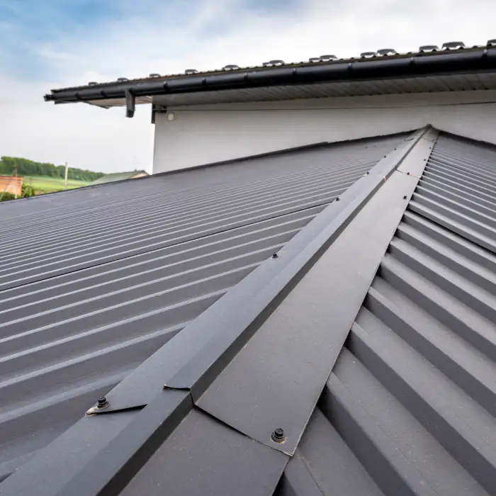 Metal roof design on a California home in Orange County with clean lines, durable panels, and a modern finished look