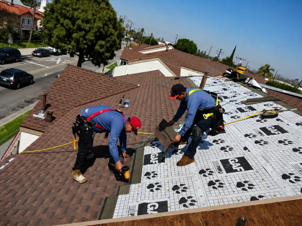 Royal Roofing crew installing a new residential roof, securing shingles and underlayment with precision on a two-story home